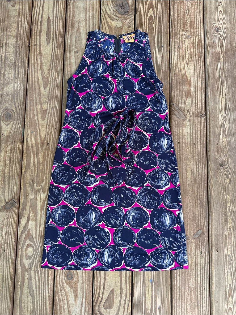 Tory Burch Abstract Print Tie Waist Midi Dress Navy Pink M NWOT
